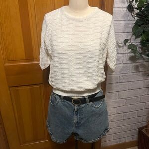 Vintage 80s Eclectic Grandma Knit l Short Sleeve Sweater Blouse l Sz M l White